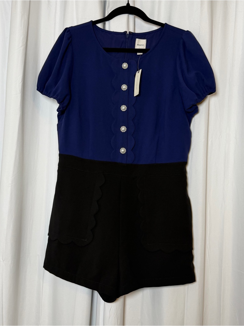 Maeve Anthropologie Puff Sleeve Colorblock Scallop Romper NWT 14